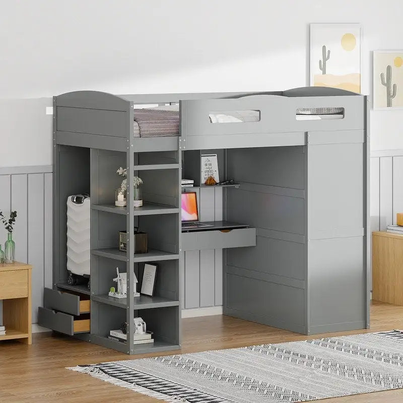Cama alta individual con escritorio, armarios, 4 cajones y 4 estantes