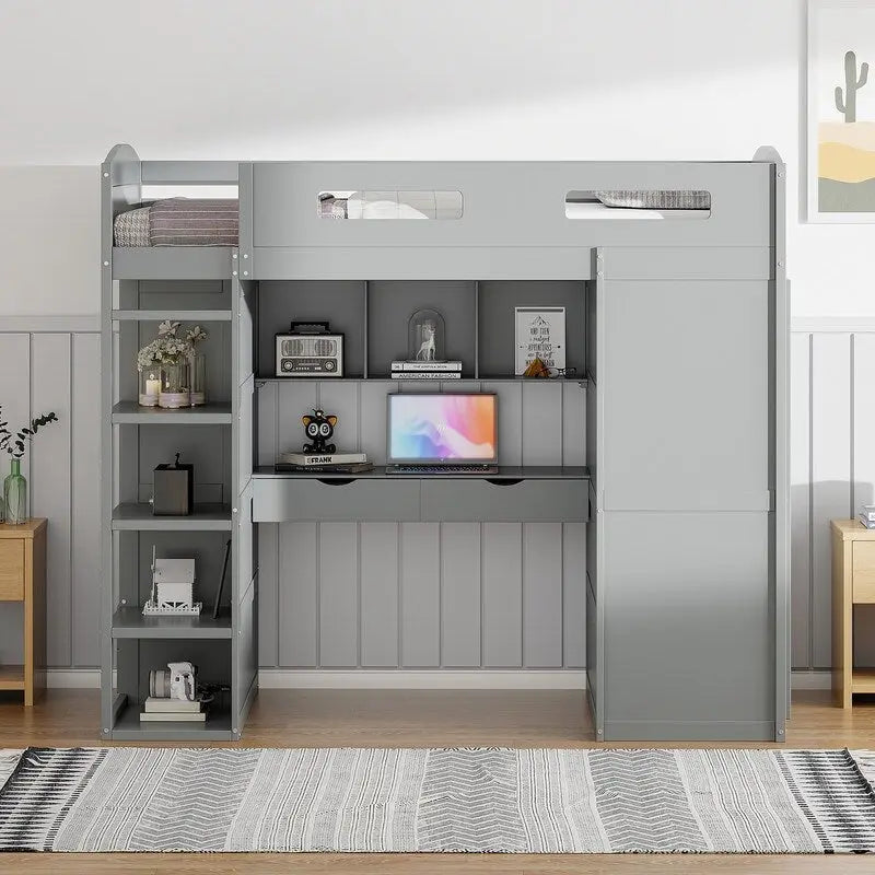 Cama alta individual con escritorio, armarios, 4 cajones y 4 estantes