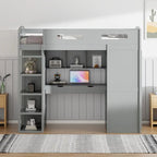 Cama alta individual con escritorio, armarios, 4 cajones y 4 estantes